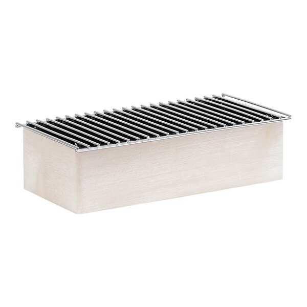 A white rectangular Cal-Mil chafer alternative with a metal grate.