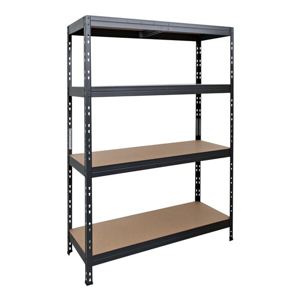 A black metal AR Shelving boltless shelving unit with four shelves.