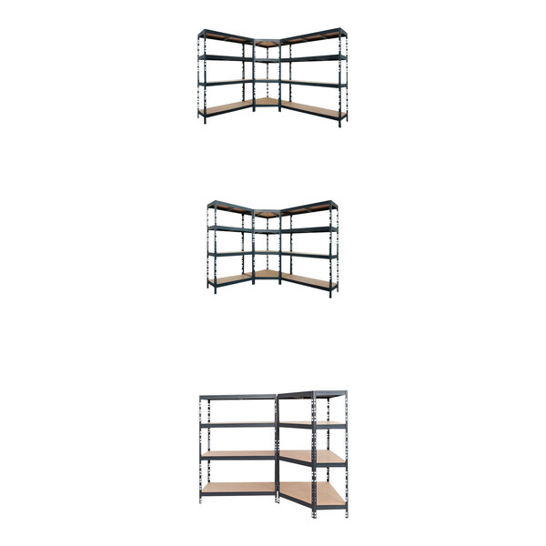 An AR Shelving metal boltless shelving unit with wooden shelves.