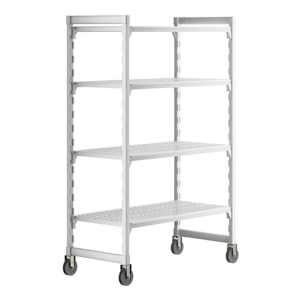 A white metal Cambro Camshelving® Premium mobile shelving unit with 4 vented shelves on wheels.