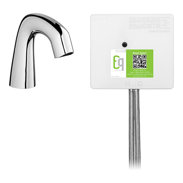 A Chicago Faucets touchless faucet with a curved spout and chrome and white finish.