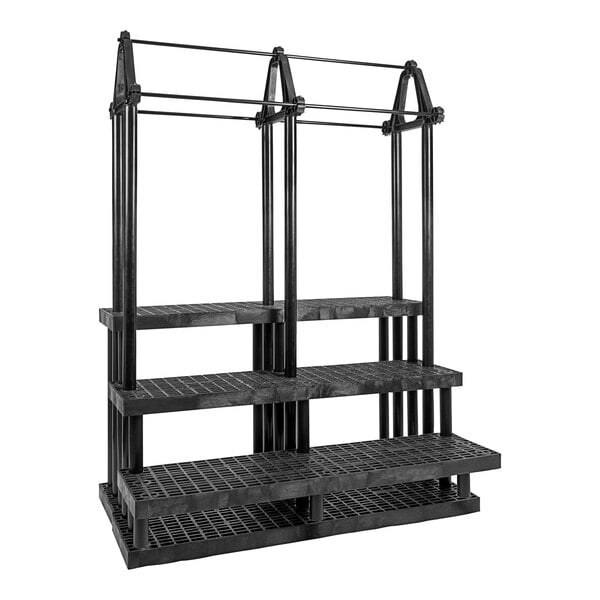 A black plastic Benchmaster floral display with metal bars and three shelves.