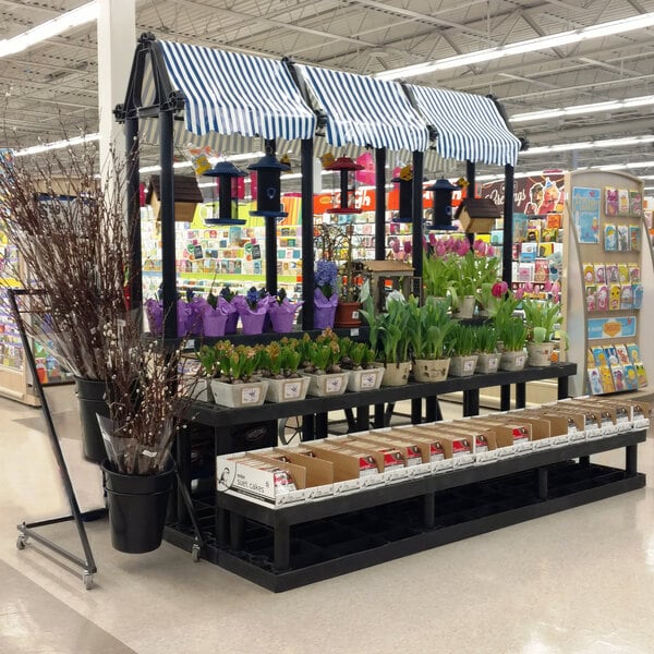 A black plastic Benchmaster display with plant hangers holding green potted plants.