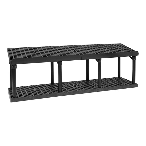 A black plastic Benchmaster platform display with a grid top tilted up.
