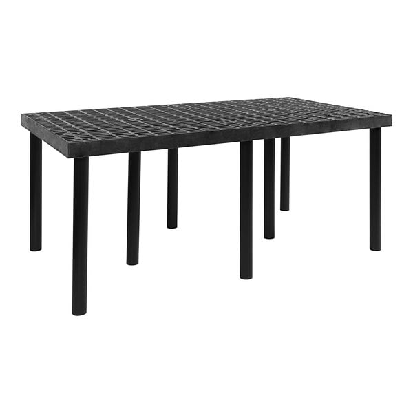 A black Benchmaster single-level platform display with metal legs.