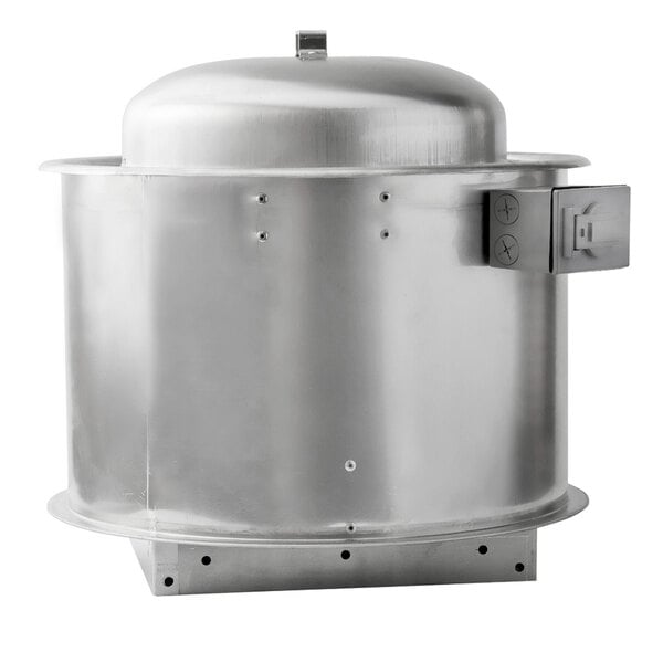A large, cylindrical stainless steel commercial kitchen hood system.