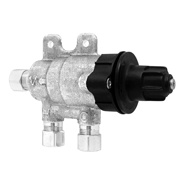 A close-up of a Chicago Faucets thermostatic mixing valve with a metal finish.