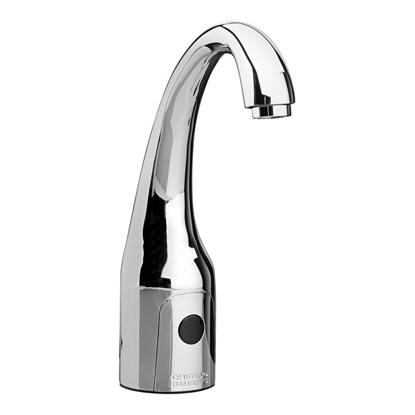 A chrome Chicago Faucets touchless faucet with a black button.