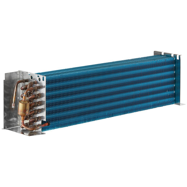 A blue and silver Main Street Equipment evaporator coil with copper pipes.