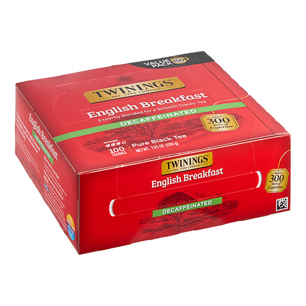 A red box of Twinings English Breakfast Decaffeinated Tea Bags with white and green text.