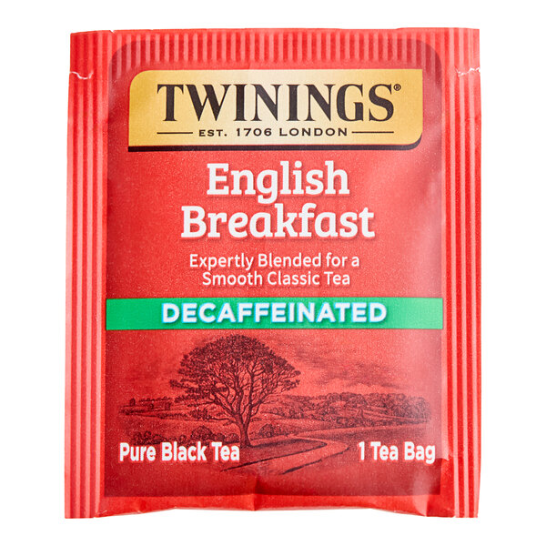 A red box of Twinings English Breakfast Decaffeinated Tea Bags.