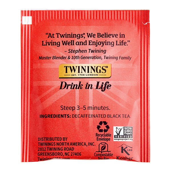 A red box of Twinings English Breakfast Decaffeinated Tea Bags.