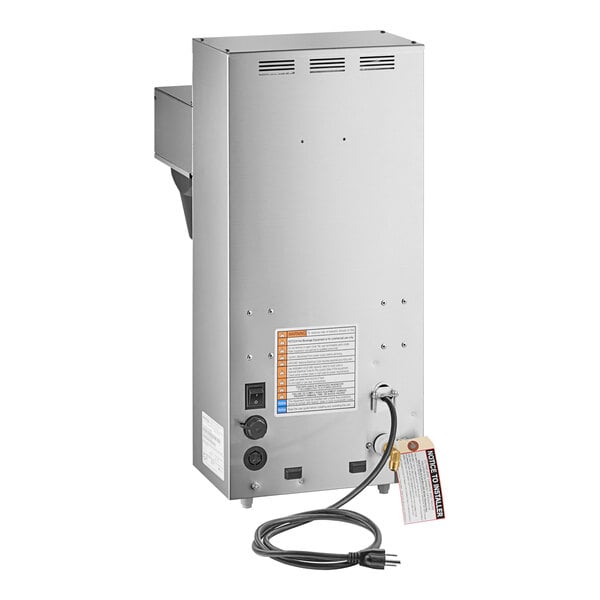 A close-up of a silver Fetco CBS-1231 Plus coffee brewer with a cord attached.