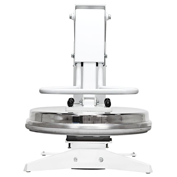 A white Proluxe Flex X1 manual pizza dough press with a round metal base.