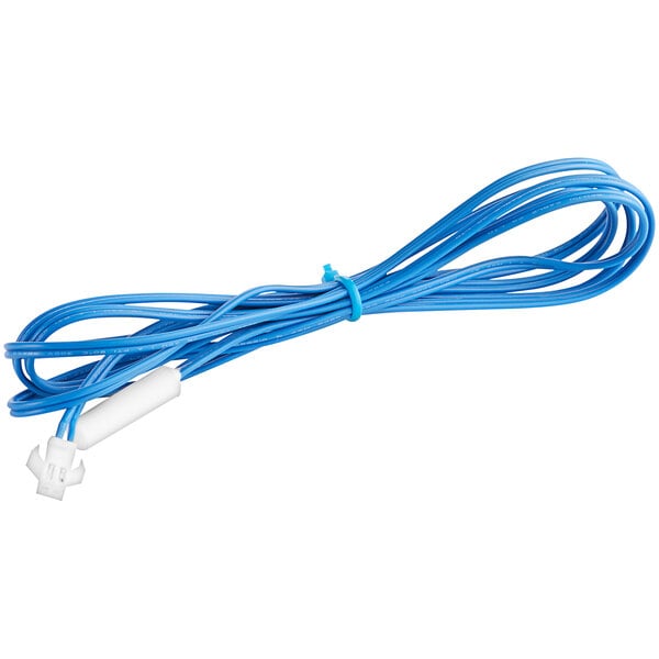 A blue cable with a white plug on the end.