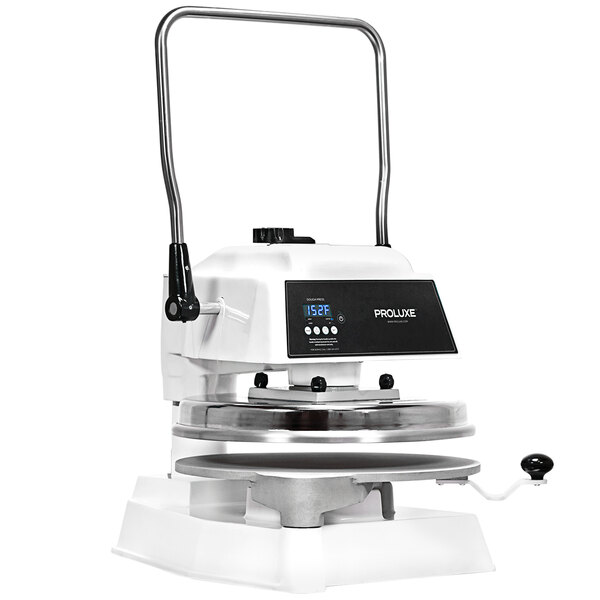 A white and black Proluxe Endurance X1 heavy-duty pizza dough press.