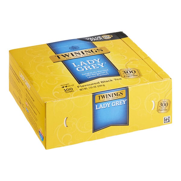 A box of 100 Twinings Lady Grey tea bags.