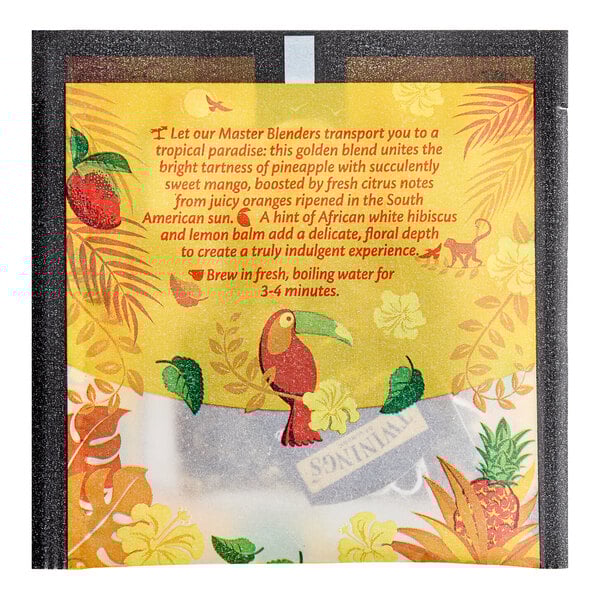 A Twinings yellow label with a bird and orange leaves.