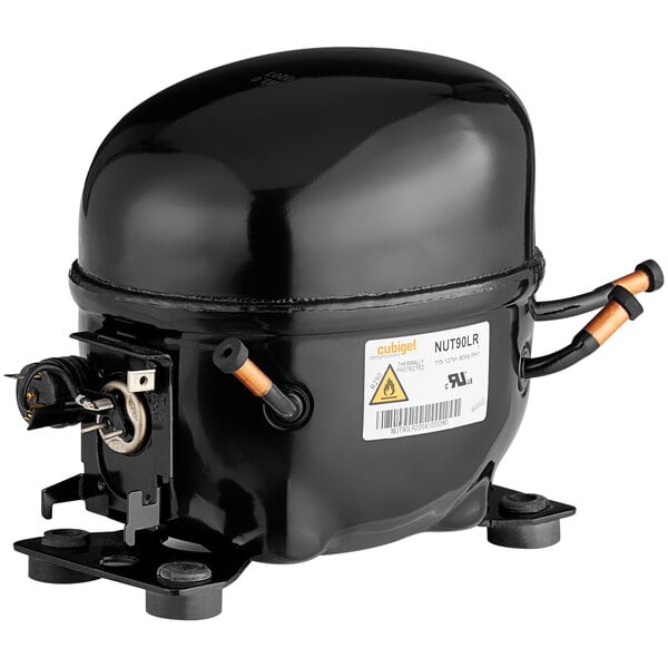A black and orange Main Street Equipment Compressor with a white label.