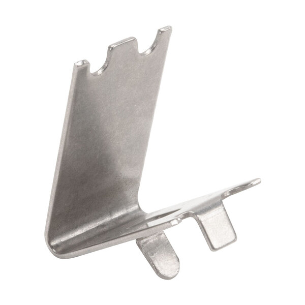 A Main Street Equipment metal shelf clip with a small hole in it.