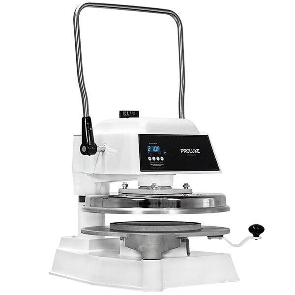 A white Proluxe heavy-duty pizza dough press machine.