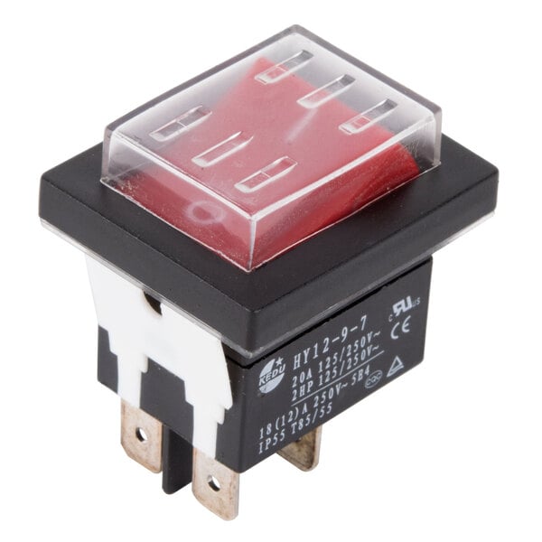 A red and black Main Street Equipment On / Off switch with a clear cover.