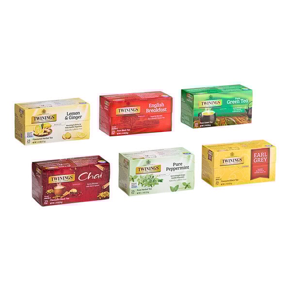 A group of red Twinings tea boxes with different flavors.