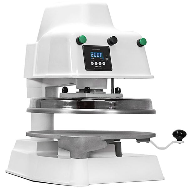 A white Proluxe Impact X1 heavy-duty pizza dough press with a digital display.