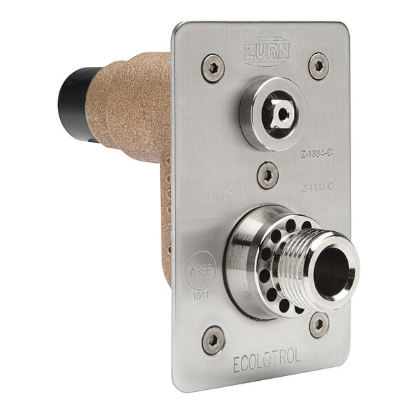 A Zurn light commercial Ecolotrol wall hydrant with a metal plate and round metal connector.