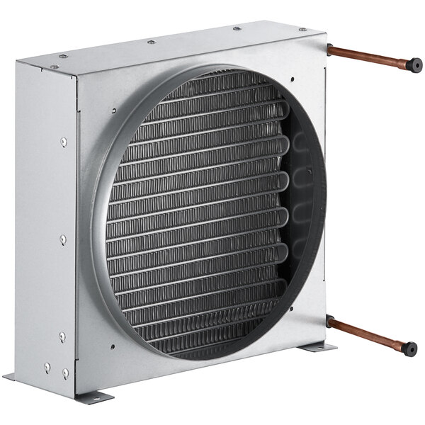 A Main Street Equipment condenser coil with copper pipes in a metal box with a round vent.