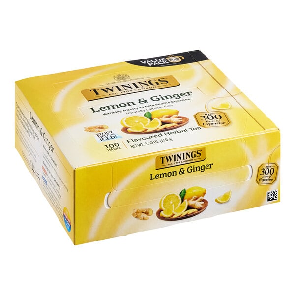 A white box of 100 Twinings Lemon & Ginger tea bags.