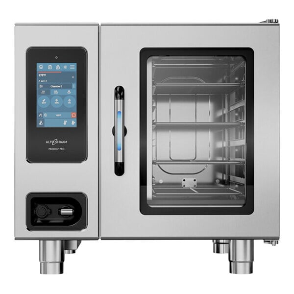 An Alto-Shaam stainless steel countertop combi oven with a digital display.