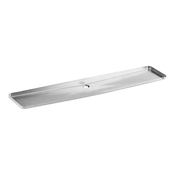 A white rectangular stainless steel tray with a hole.