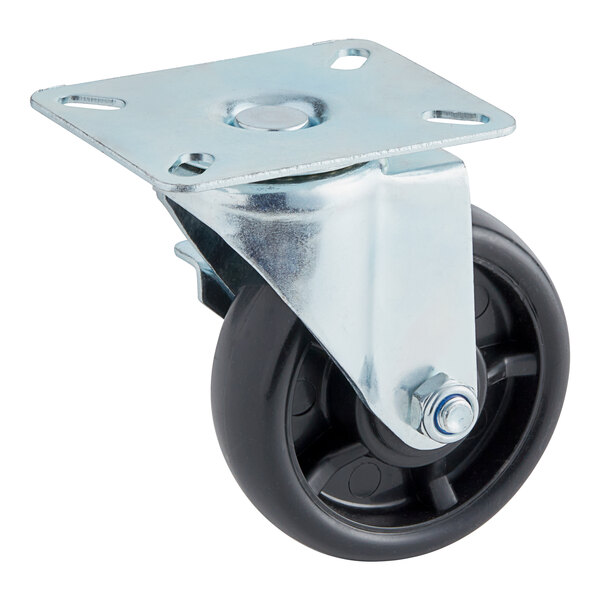 A Main Street Equipment swivel plate caster with a black and silver wheel and black plastic base.