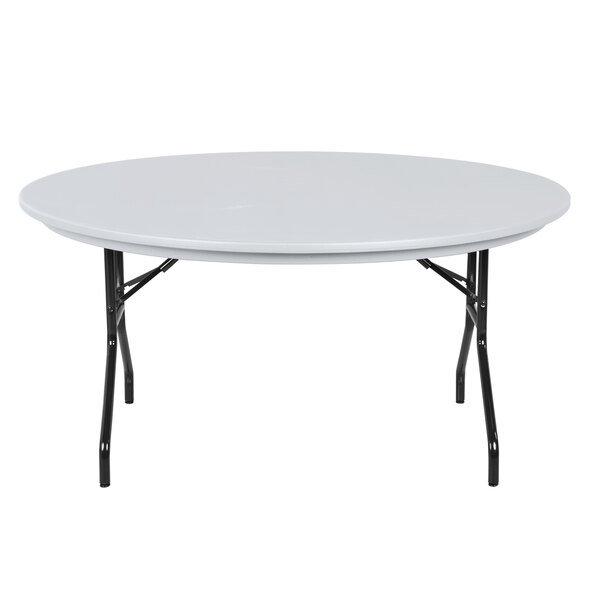 A gray Correll round folding table with a white surface and black legs.