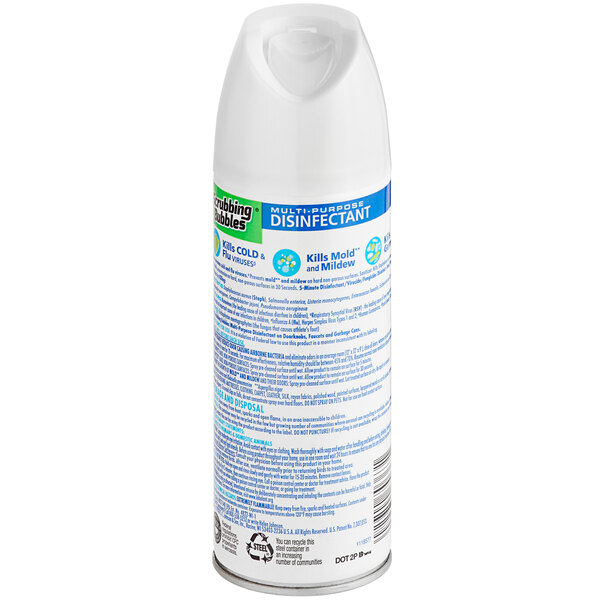 A white SC Johnson Scrubbing Bubbles spray can with blue text.