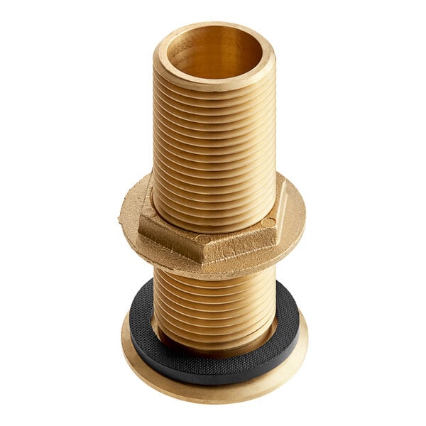 A gold cylindrical brass drain pipe with a black rubber ring.
