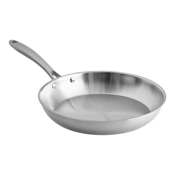 A close-up of a Vigor SS3 Series stainless steel fry pan with a handle.