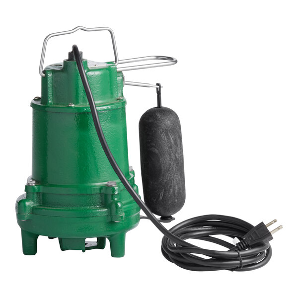 An Ashland green submersible sump pump with a black cord.