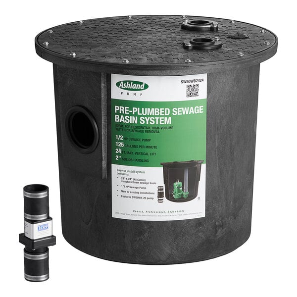 An Ashland black plastic sewage basin kit with a black pipe.