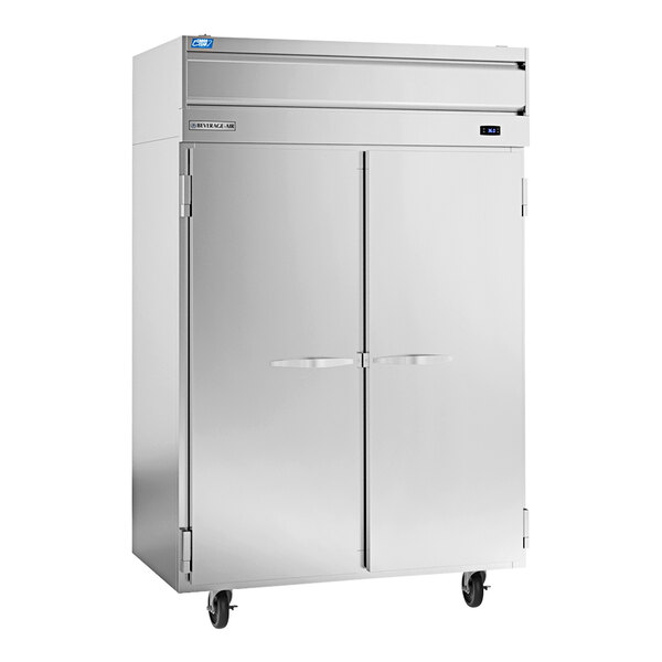 A large silver Beverage-Air refrigerator with two solid doors.