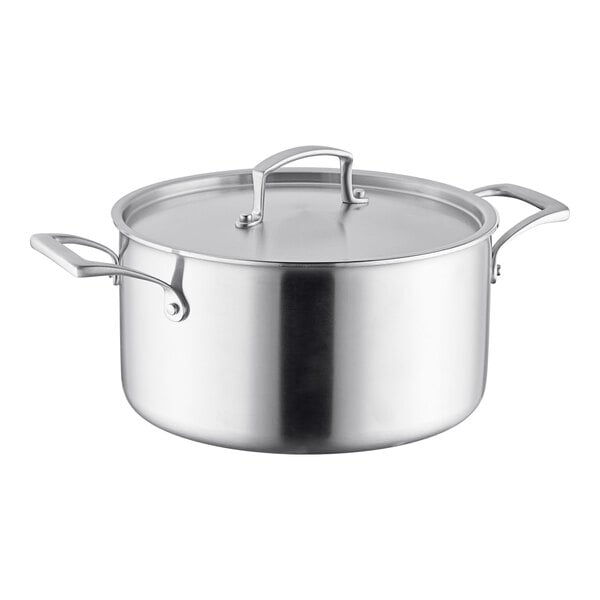 A silver Vigor Tri-Ply stainless steel stock pot with a lid.