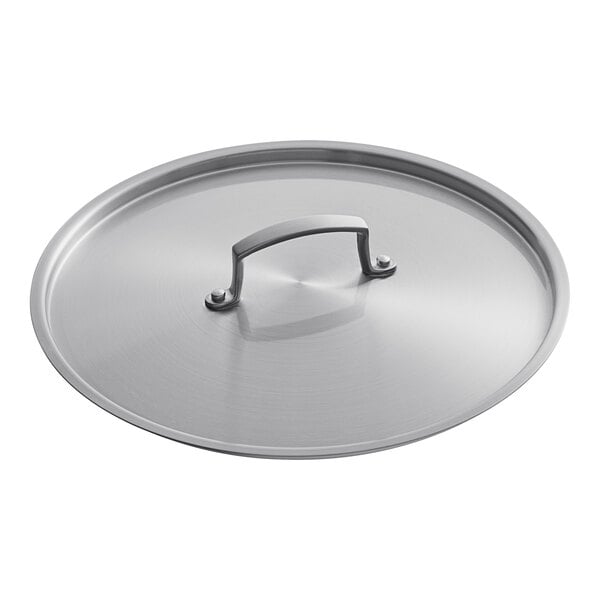 A close-up of a Vigor stainless steel lid with a handle on a white background.