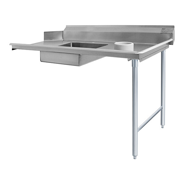 A stainless steel Eagle Group dishtable with a drain on the right side.