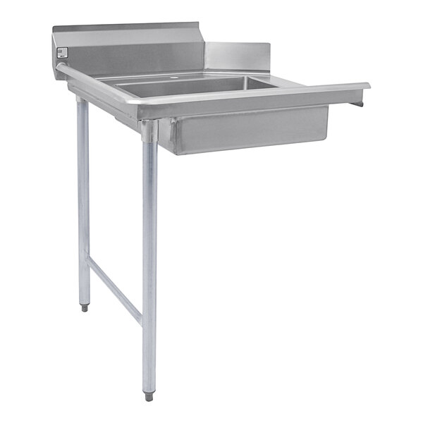 A stainless steel Eagle Group dishtable with a stand and a drain.