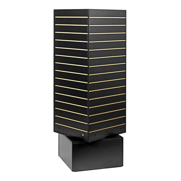 A black rectangular slatwall merchandiser with gold lines on it.