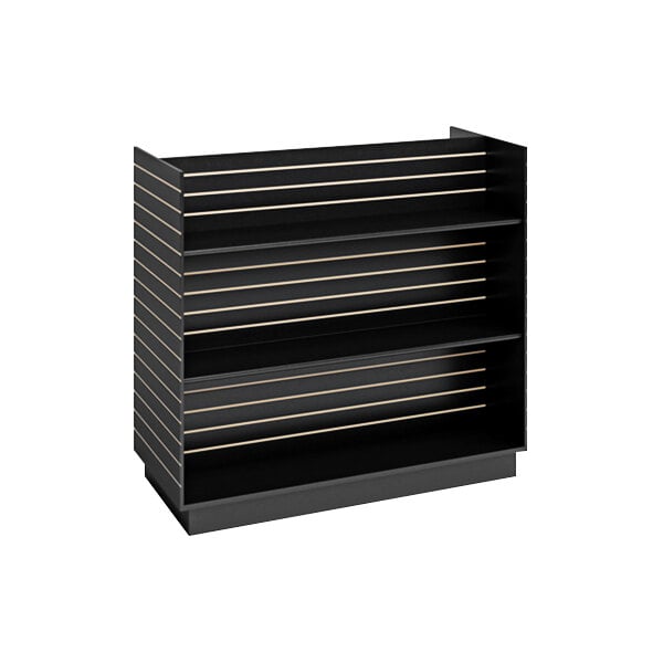 A black H-shape slatwall merchandiser with shelves and white slat lines.