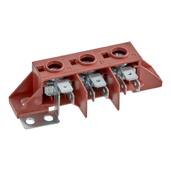 A red Moffat 3 pole terminal block with metal screws.