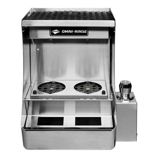 A stainless steel Omni-Rinse bar tool rinse station with two circular rinsing holes.