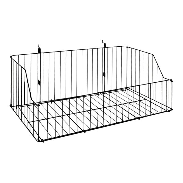 A black wire multi-purpose folding basket for slatwall displays.